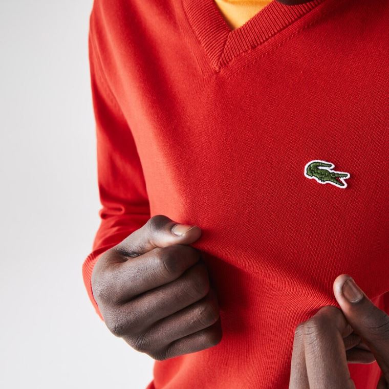 Lacoste V-neck Organic Bomulds Sweater Rød | hWb3AjFc