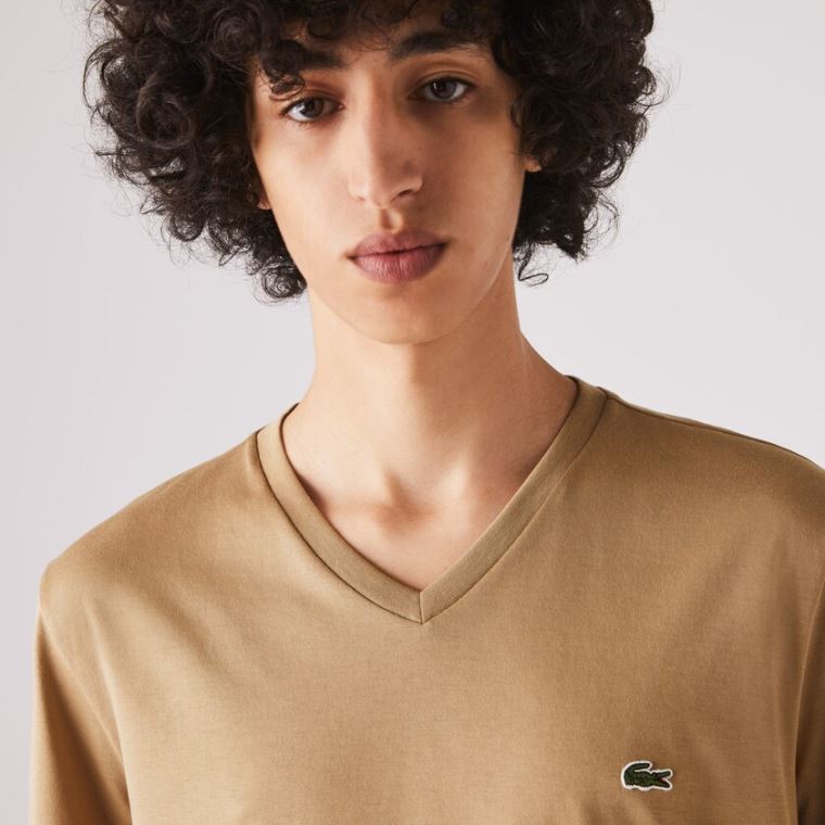 Lacoste V-neck Pima Bomulds Jersey T-shirt Beige | xhvge0vV