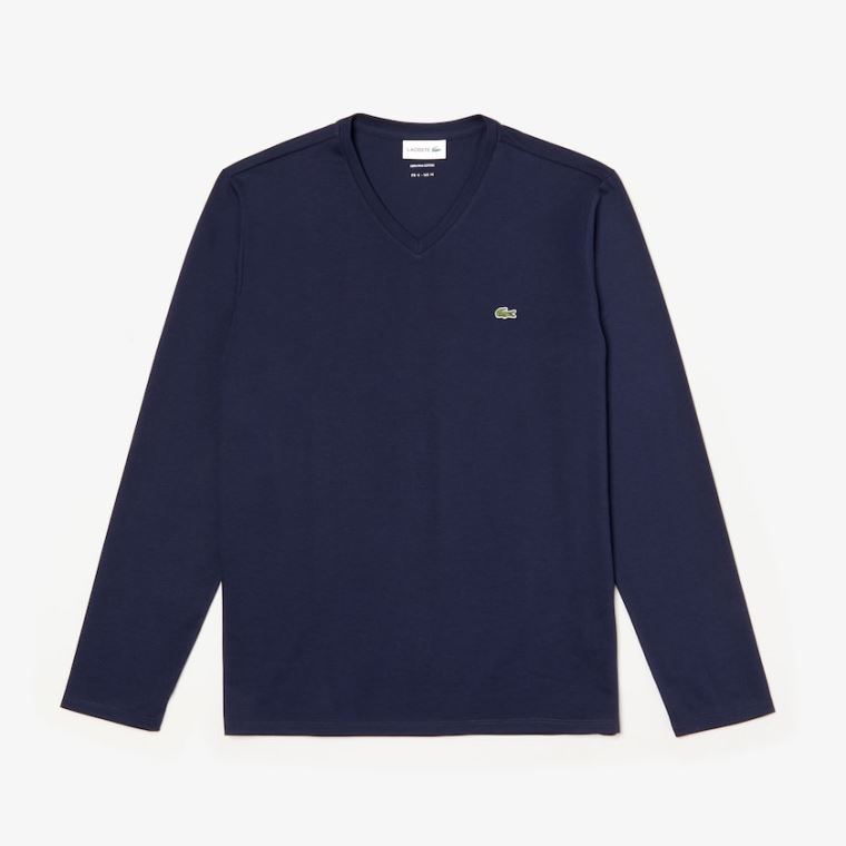 Lacoste V-neck Soft Bomulds T-shirt Mørkeblå Blå | 86WYhFFr