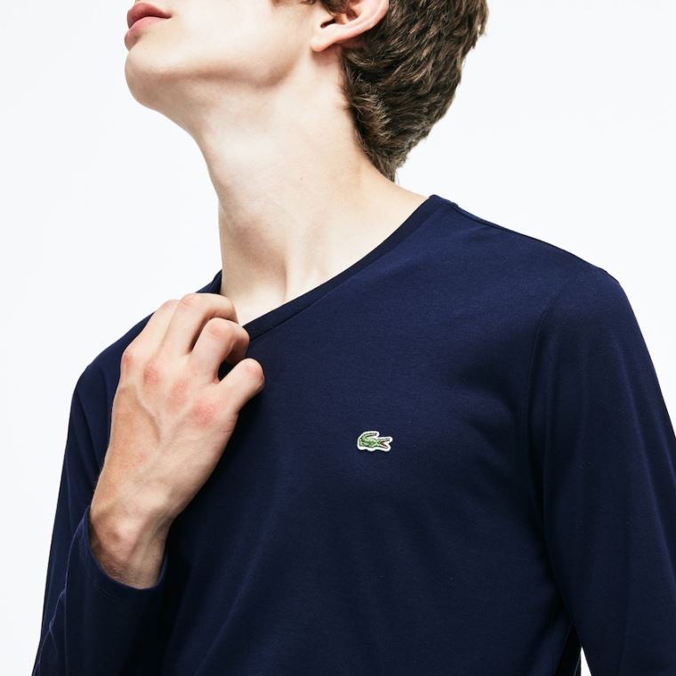 Lacoste V-neck Soft Bomulds T-shirt Mørkeblå Blå | 86WYhFFr