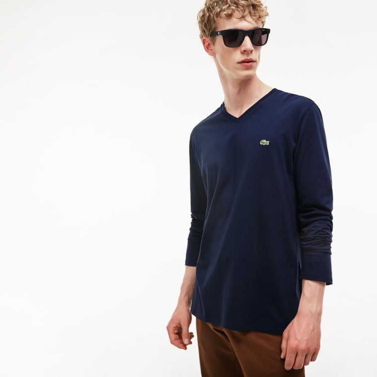 Lacoste V-neck Soft Bomulds T-shirt Mørkeblå Blå | 86WYhFFr