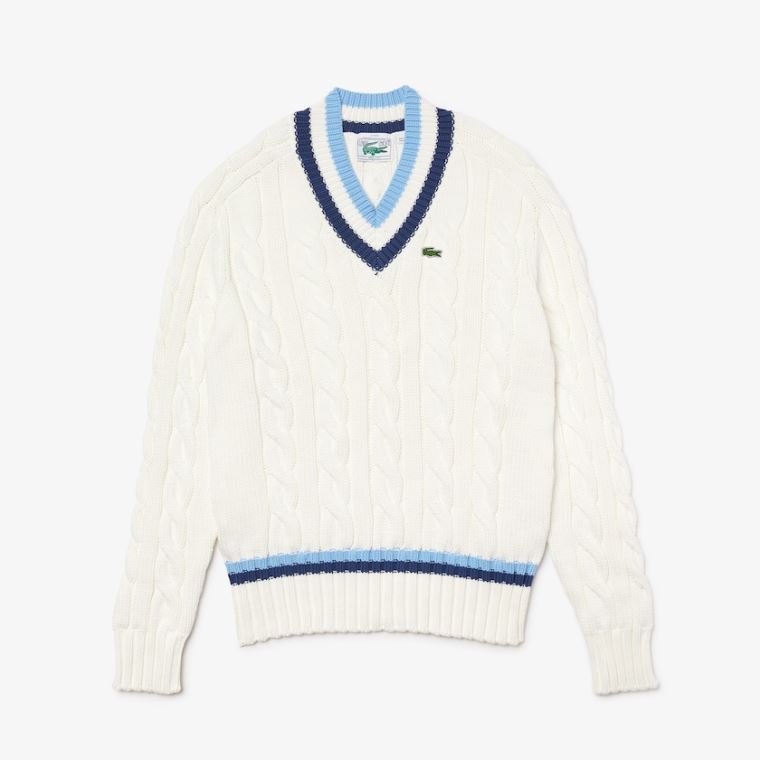 Lacoste V-neck Striped-Trim Cable-Knit Sweater Hvide Blå | 6T0J5fdJ