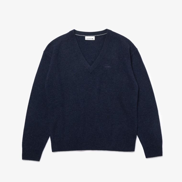 Lacoste V-neck Wool Sweater Blå | oFygdf32