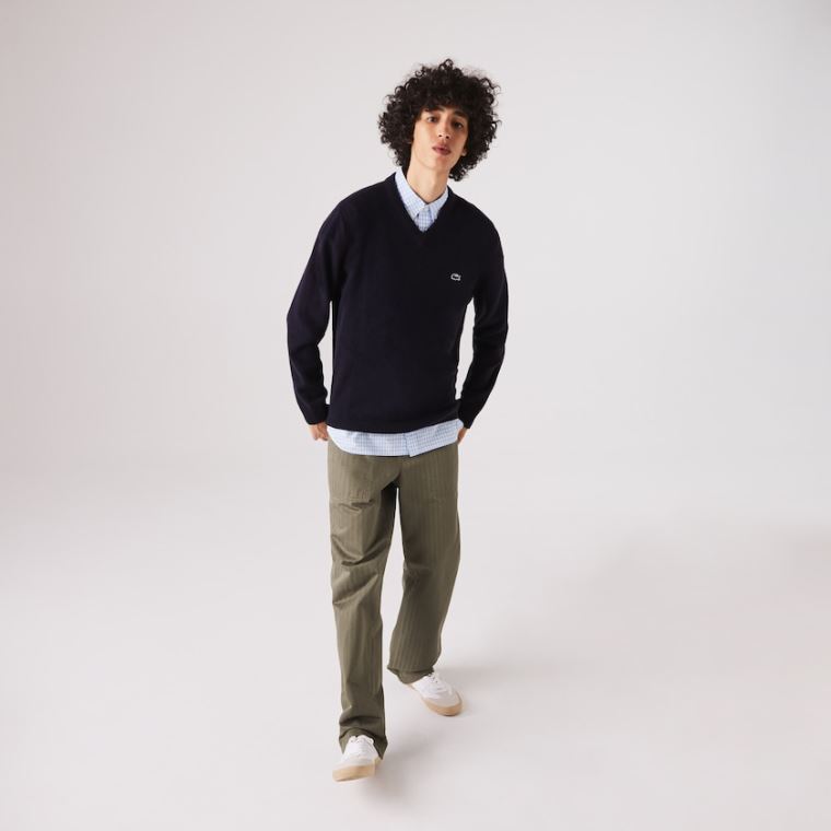 Lacoste V-neck Wool Sweater Mørkeblå Blå | RsSo7EGU