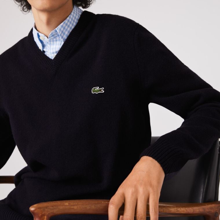 Lacoste V-neck Wool Sweater Mørkeblå Blå | RsSo7EGU