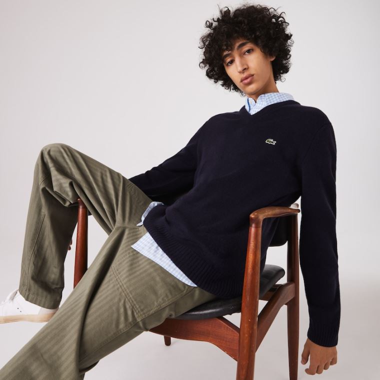 Lacoste V-neck Wool Sweater Mørkeblå Blå | RsSo7EGU