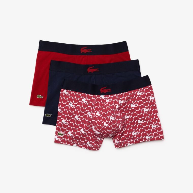 Lacoste Valentine's Day Stretch Bomulds Trunk 3-Pack Rød Mørkeblå Blå Hvide | jHl4GyMM