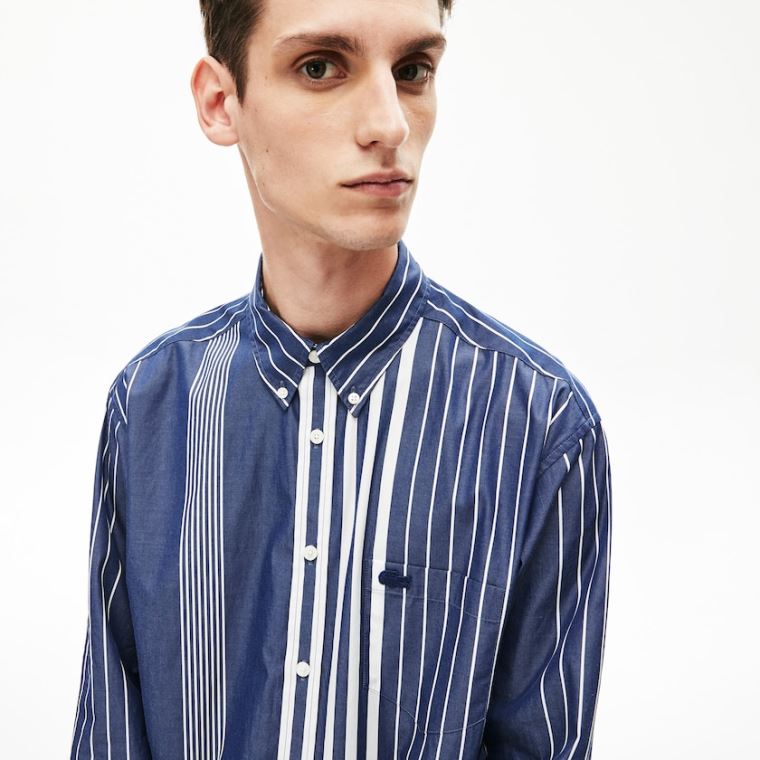 Lacoste Variegated-Stripe Relaxed Bomulds Shirt Mørkeblå Blå Hvide | nFqCaq6D