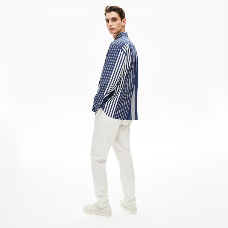 Lacoste Variegated-Stripe Relaxed Bomulds Shirt Mørkeblå Blå Hvide | nFqCaq6D