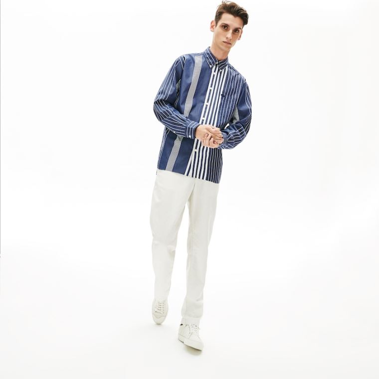 Lacoste Variegated-Stripe Relaxed Bomulds Shirt Mørkeblå Blå Hvide | nFqCaq6D