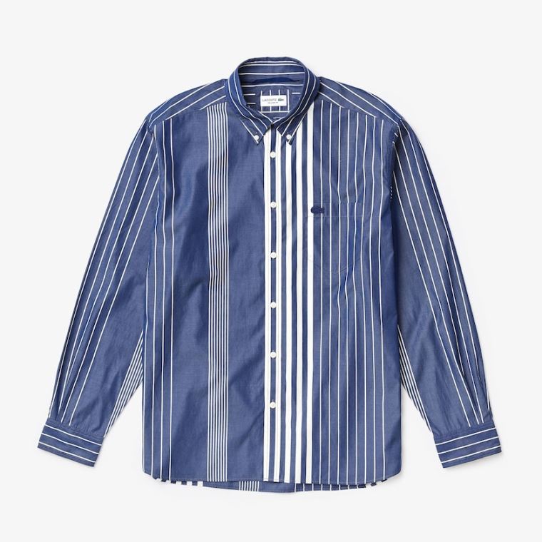 Lacoste Variegated-Stripe Relaxed Bomulds Shirt Mørkeblå Blå Hvide | nFqCaq6D