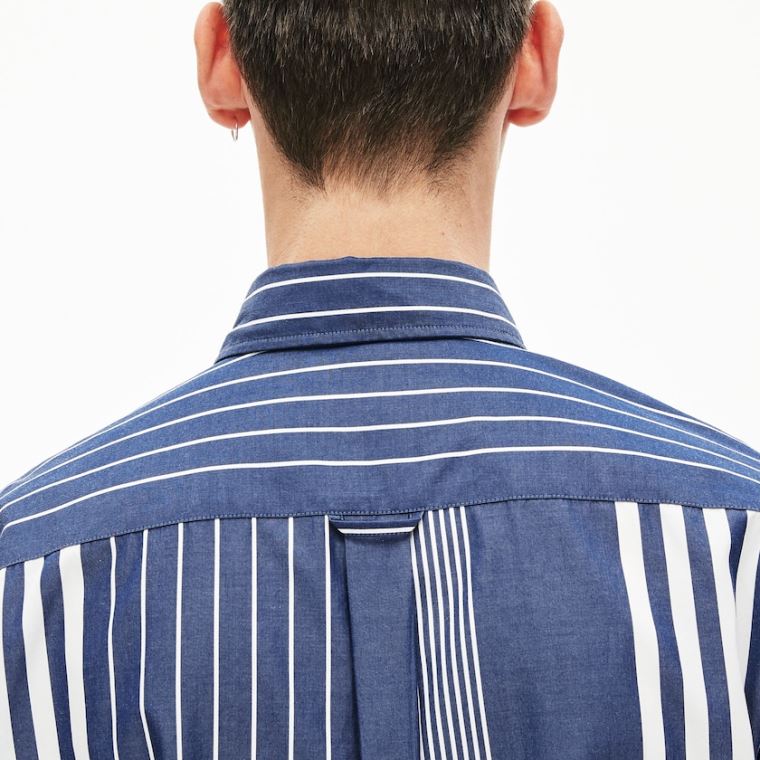 Lacoste Variegated-Stripe Relaxed Bomulds Shirt Mørkeblå Blå Hvide | nFqCaq6D