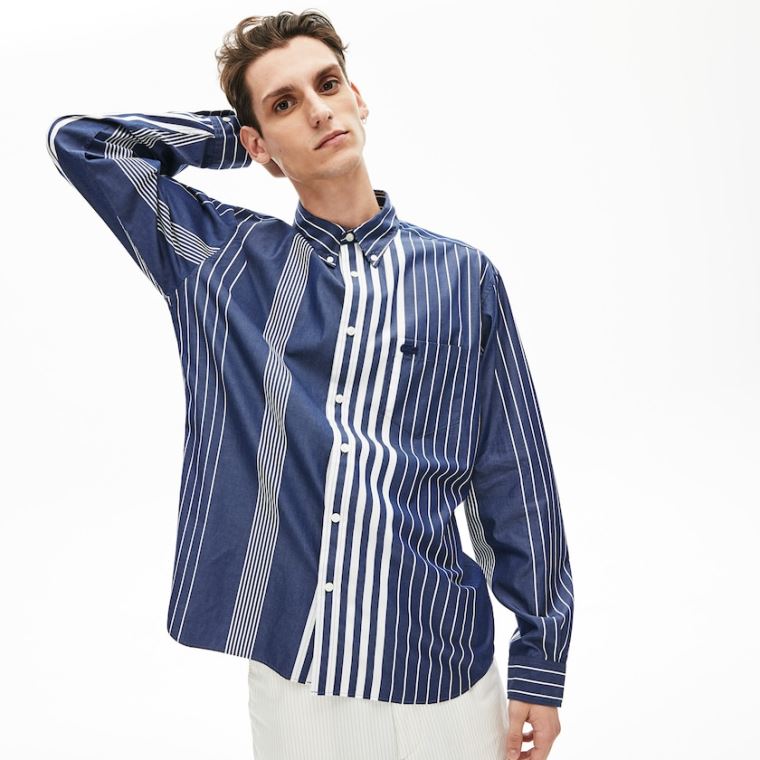 Lacoste Variegated-Stripe Relaxed Bomulds Shirt Mørkeblå Blå Hvide | nFqCaq6D