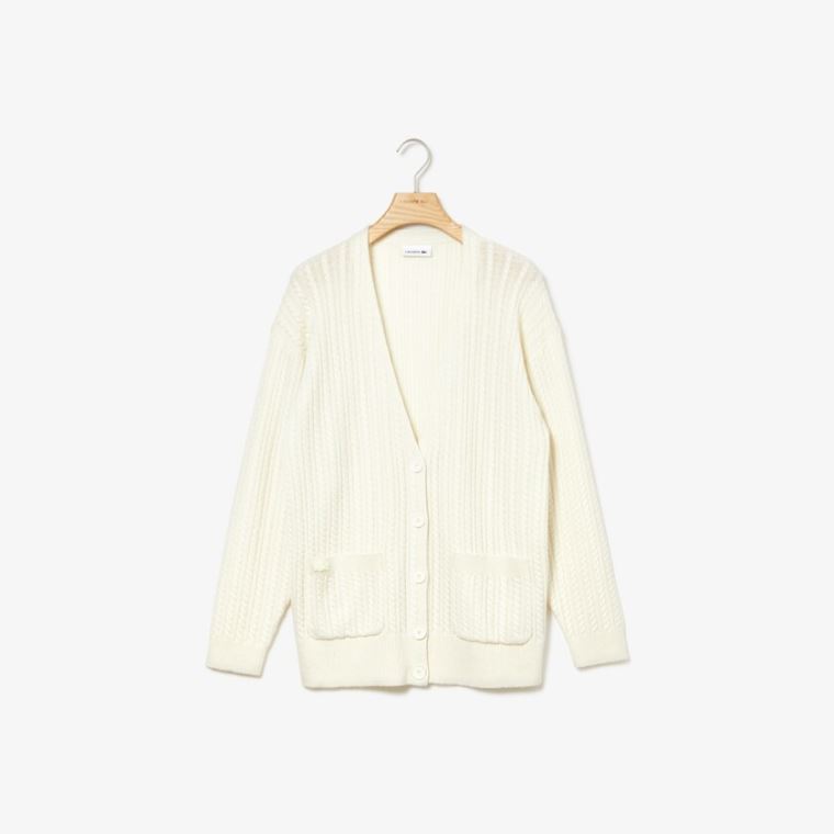 Lacoste Wool And Cashmere Blend Cable Knit Cardigan Hvide | ITNMSa61