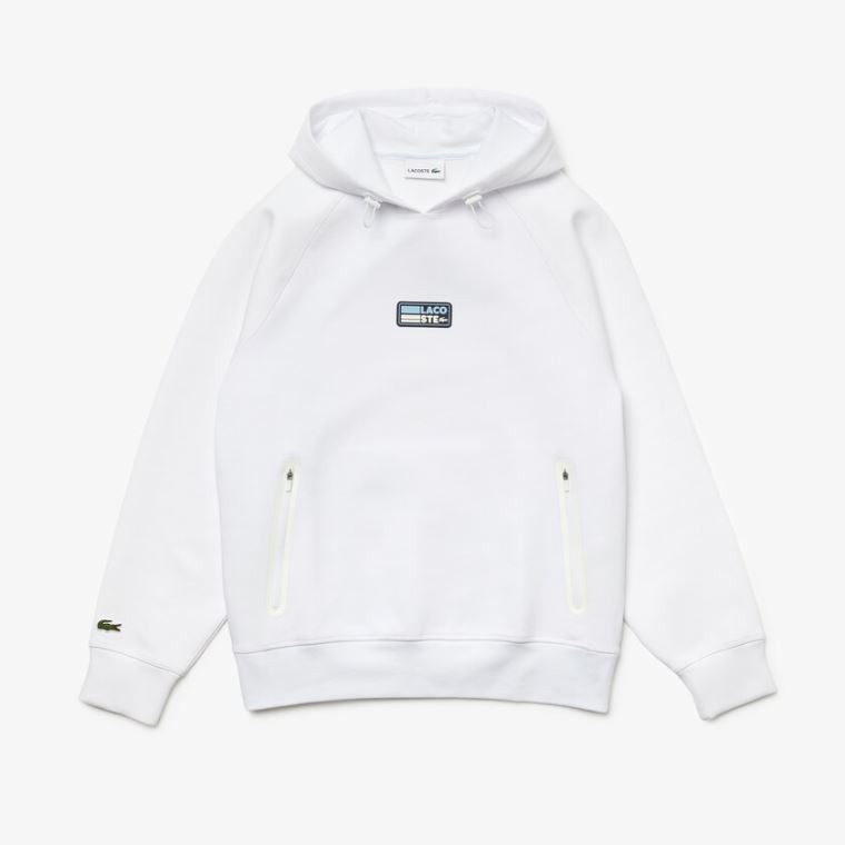 Lacoste Zip Pocket Hætte Sweatshirt With Badge Hvide | iwa0jUkd