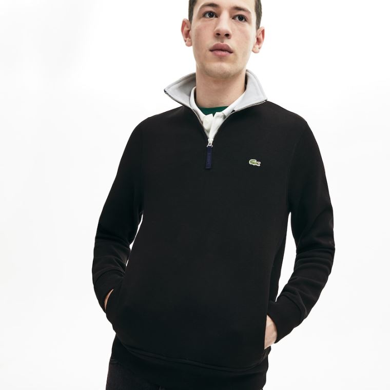 Lacoste Zip Stand-Up Collar Ribbed Sweatshirt Sort Grå | txffX4tN