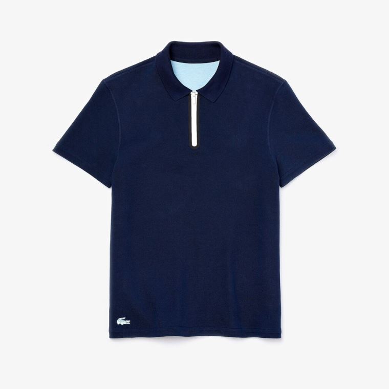 Lacoste Zippered Collar Regular Fit Reversible Piqué Polo Mørkeblå Blå Blå | qZgSu8eN