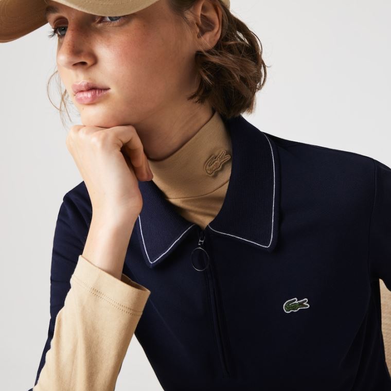 Lacoste Zippered Kort Stretch Bomulds Piqué Polo Kjole Mørkeblå Blå Hvide | KB0TX5ZF