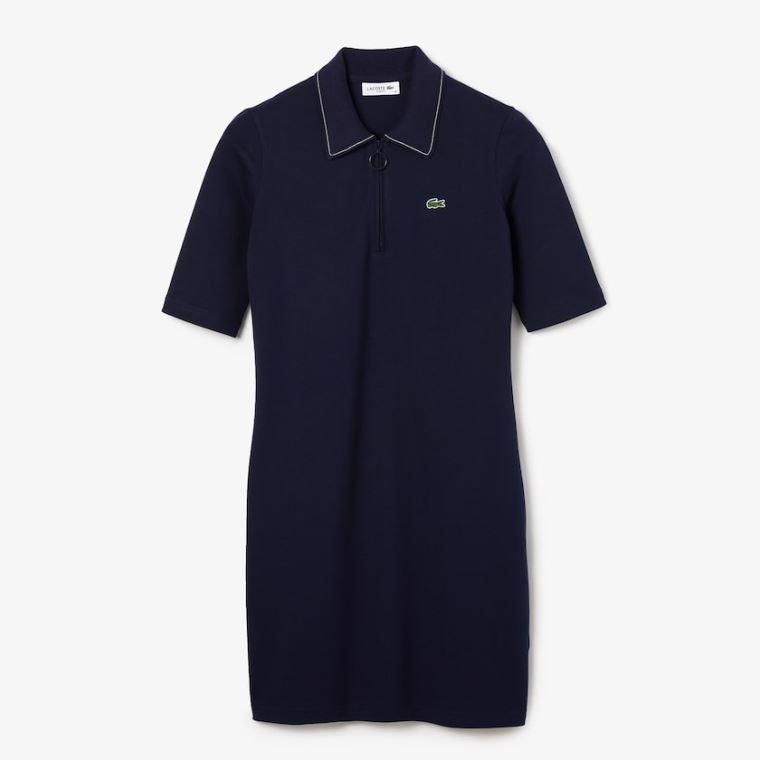 Lacoste Zippered Kort Stretch Bomulds Piqué Polo Kjole Mørkeblå Blå Hvide | KB0TX5ZF