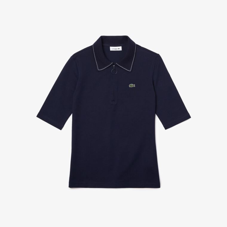 Lacoste Zippered Slim Fit Bomulds Piqué Polo Shirt Mørkeblå Blå Hvide | pJzHN6iK