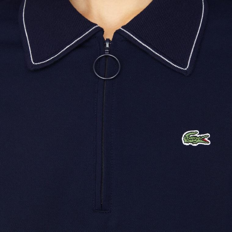 Lacoste Zippered Slim Fit Bomulds Piqué Polo Shirt Mørkeblå Blå Hvide | pJzHN6iK