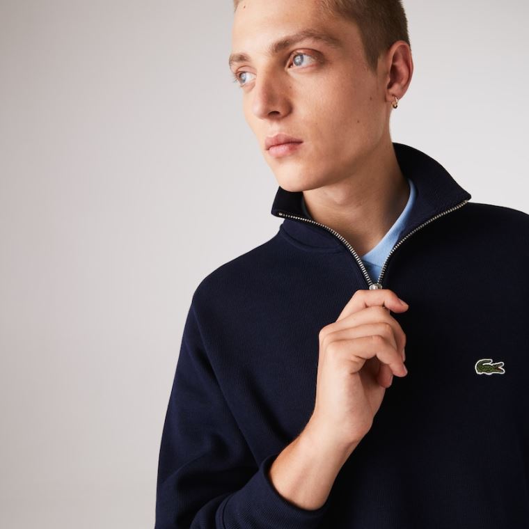 Lacoste Zippered Stand-Up Collar Bomulds Sweatshirt Mørkeblå Blå | bZd3Y54c