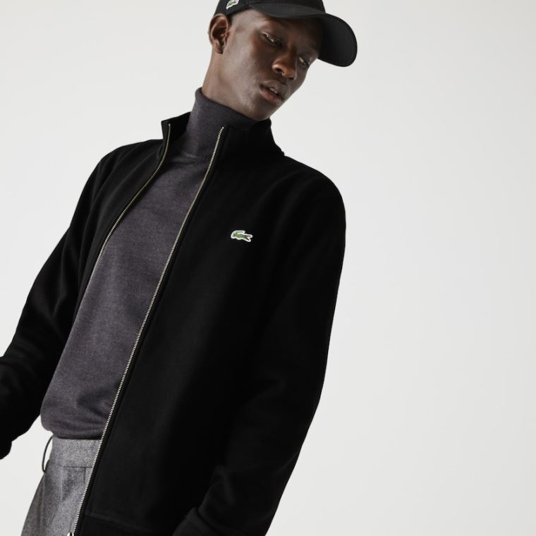 Lacoste Zippered Stand-Up Collar Piqué Fleece Jacket Sort | 0aTSz9eY