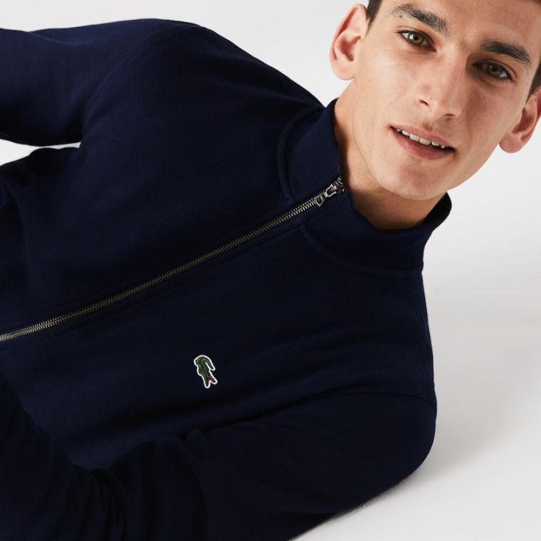 Lacoste Zippered Stand-Up Collar Piqué Fleece Jacket Mørkeblå Blå | bUJGyjOl