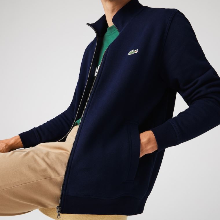 Lacoste Zippered Stand-Up Collar Piqué Fleece Jacket Mørkeblå Blå | bUJGyjOl