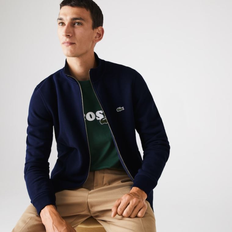 Lacoste Zippered Stand-Up Collar Piqué Fleece Jacket Mørkeblå Blå | bUJGyjOl