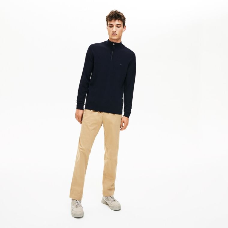 Lacoste Zippered Stand-Up Collar Wool Jersey Sweater Mørkeblå Blå | sJH8XEPU