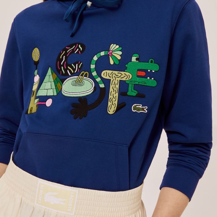 Lacoste x Jeremyville Print Hætte Sweatshirt Mørkeblå Blå | 5eTc1GLr