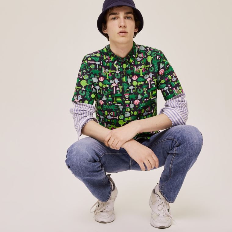 Lacoste x Jeremyville Regular Fit Bomulds Shirt Mørkeblå Blå Hvide | J2z6LtGm