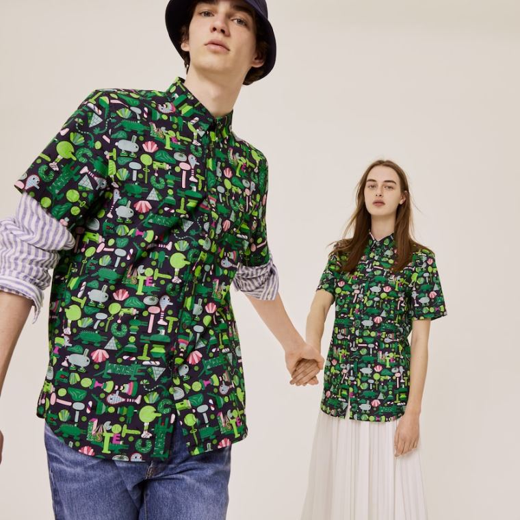 Lacoste x Jeremyville Regular Fit Bomulds Shirt Mørkeblå Blå Hvide | J2z6LtGm