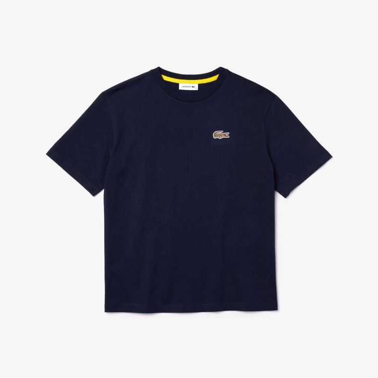 Lacoste x National Geographic Bomulds T-shirt Mørkeblå Blå Hvide | iVNVHuP0