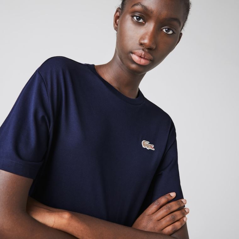 Lacoste x National Geographic Bomulds T-shirt Mørkeblå Blå Hvide | iVNVHuP0