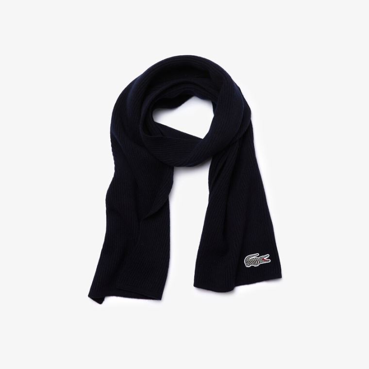 Lacoste x National Geographic Ribbed Wool Scarf Mørkeblå Blå Hvide | 9QzeAfEt